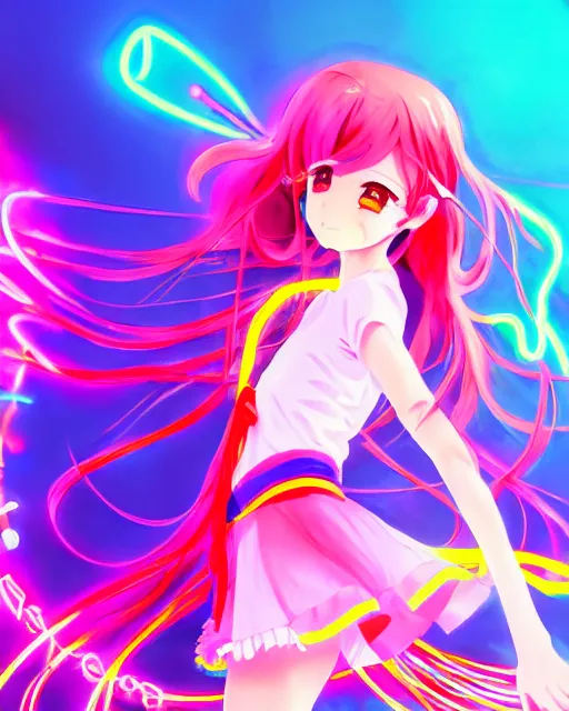 Image similar to anime style, vivid, expressive, full body, 4 k, painting, a cute magical girl idol with a long wavy colorful hair wearing a colorful dress, correct proportions, stunning, realistic light and shadow effects, neon lights, studio ghibly makoto shinkai yuji yamaguchi