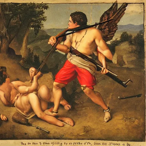 Prompt: cupido holding a rifle follows a prisoner