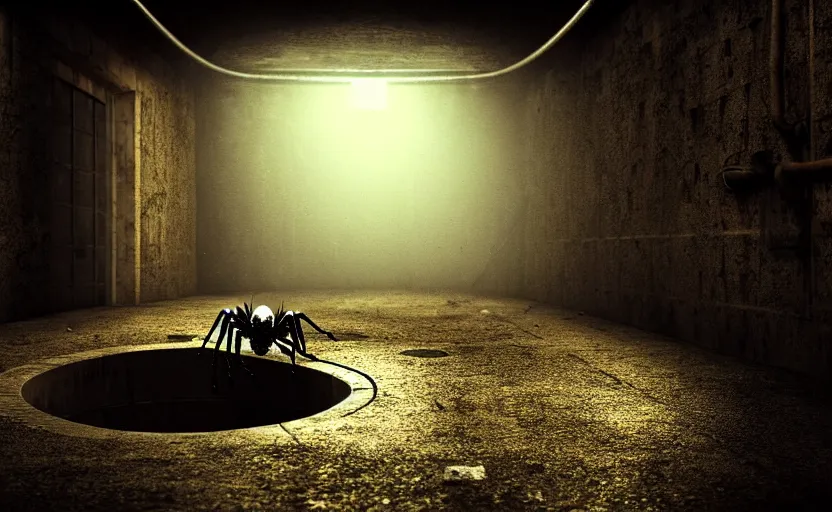 Image similar to mechanical spider in a large dimly lit sewer, ultra detailed digital art, fine drawing, hyper real, 4 k, moody lighting, warm colors