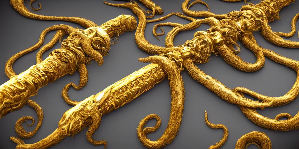 Prompt: a photo of 8k ultra realistic corrupted lovecraftian golden sword, 8 intricate white and gold tentacles, ornate white and gold armour, cinematic lighting, trending on artstation, 4k, hyperrealistic, focused, extreme details, unreal engine 5, cinematic, masterpiece