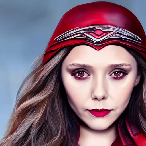 Prompt: Elizabeth Olsen as the Scarlet Witch, Elizabeth Olsen wearing Scarlet Witch attire and makeup, photorealistic imagery, trending on artstation, 4k, 8k