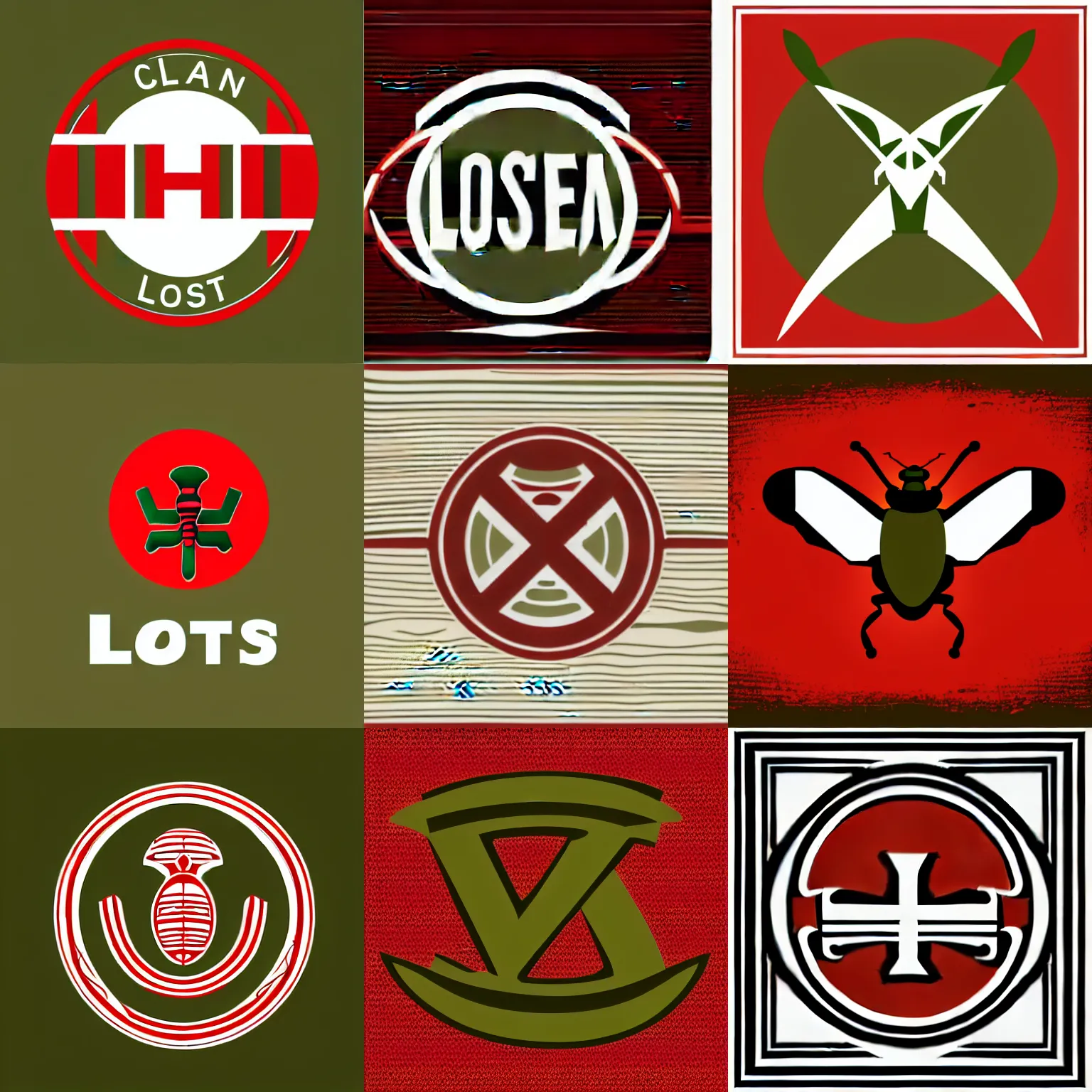 Prompt: clean vector art logo of locust, woodcut, olive green and venetian red