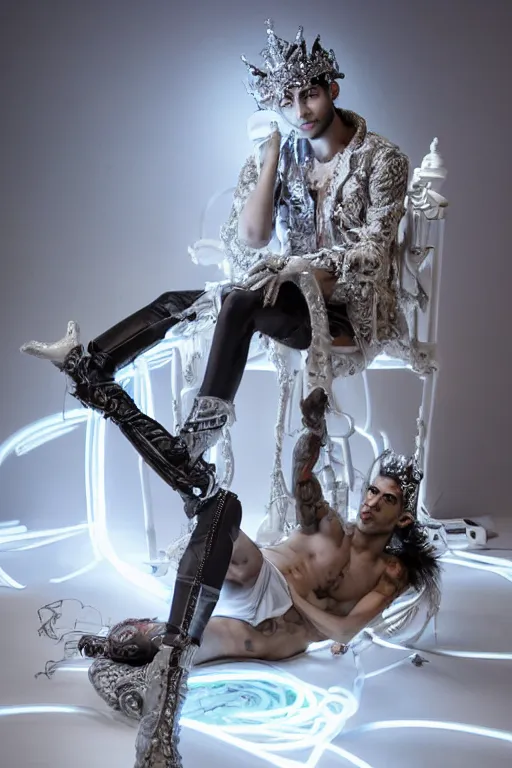 Image similar to full-body rococo and cyberpunk style neon statue of a muscular attractive Zayn Malik macho dotado e rico android sim roupa reclining con las piernas abertas e la piroca dura, glowing white lasers, glowing eyes, silver prince crown, silver steampunk gears, white diamonds, swirling mint-colored silk fabric. futuristic elements. ethereal white dripping tar. full-length view. space robots. human skulls. intricate artwork by caravaggio. Trending on artstation, octane render, cinematic lighting from the right, hyper realism, octane render, 8k, depth of field, 3D