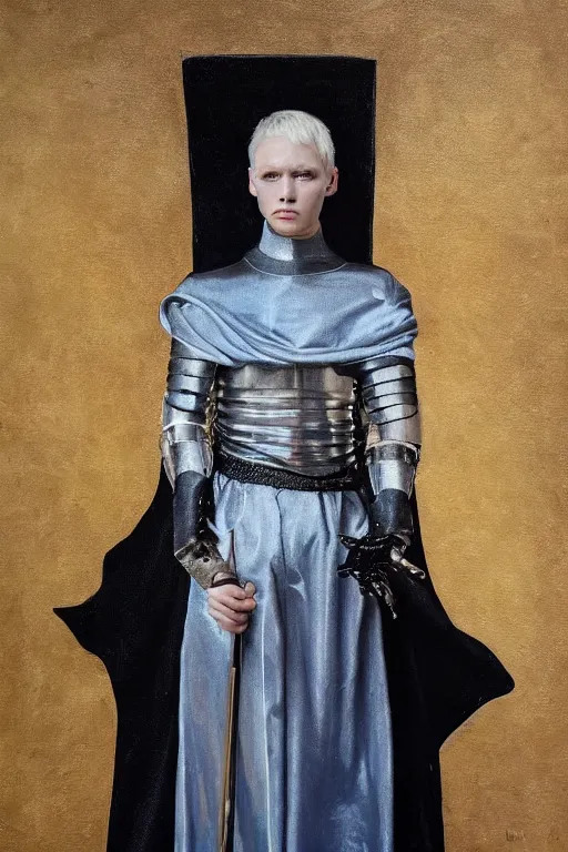 Image similar to hyperrealism oil painting, close - up portrait of albino medieval fashion model, knight, steel gradient mixed with nebula sky, in style of baroque