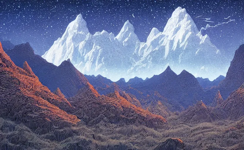 Prompt: mountains, stars and paisley filled sky, artstation, intricate, highly detailed, digital painting, concept art, sharp focus, illustration by Michael Whelan and James Jean