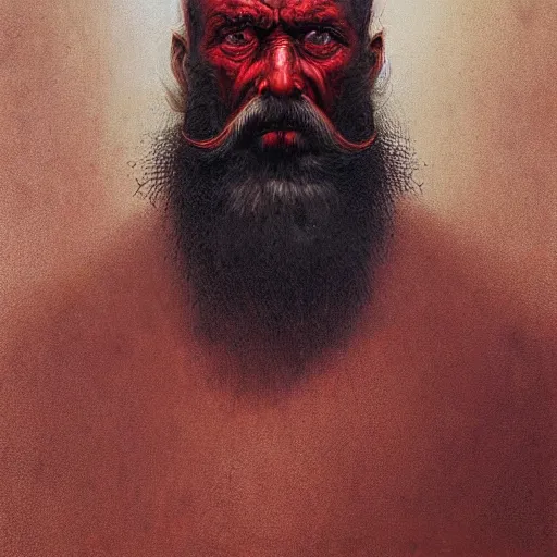 Prompt: Angry Bearded Miner portrait, dark fantasy, red and gold, artstation, painted by Zdzisław Beksiński and Wayne Barlowe