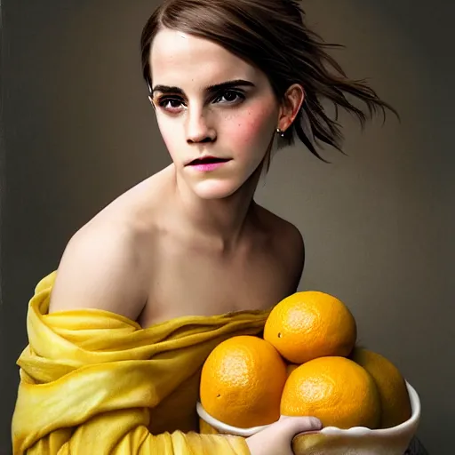 Prompt: portrait of emma watson citrus, by giuseppe arcimboldo and paul barson and annie leibovitz and faith yata and artgerm and alphonse mucha, photorealistic, f 1. 8, soft lightning, high detail, 8 k