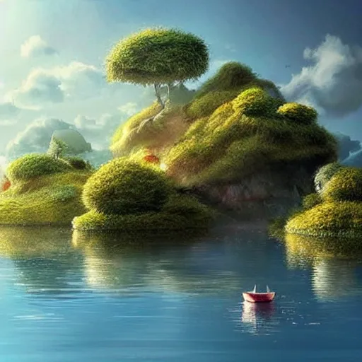 Image similar to placid fluffly floating island scene, wonderland of drifting floating islands, amazing dreamscape, unbelievable beauty of this pleasant afternoon, drifting high in the sky, islands with little vegetation, floating islands, trending on pixiv, cute and fun