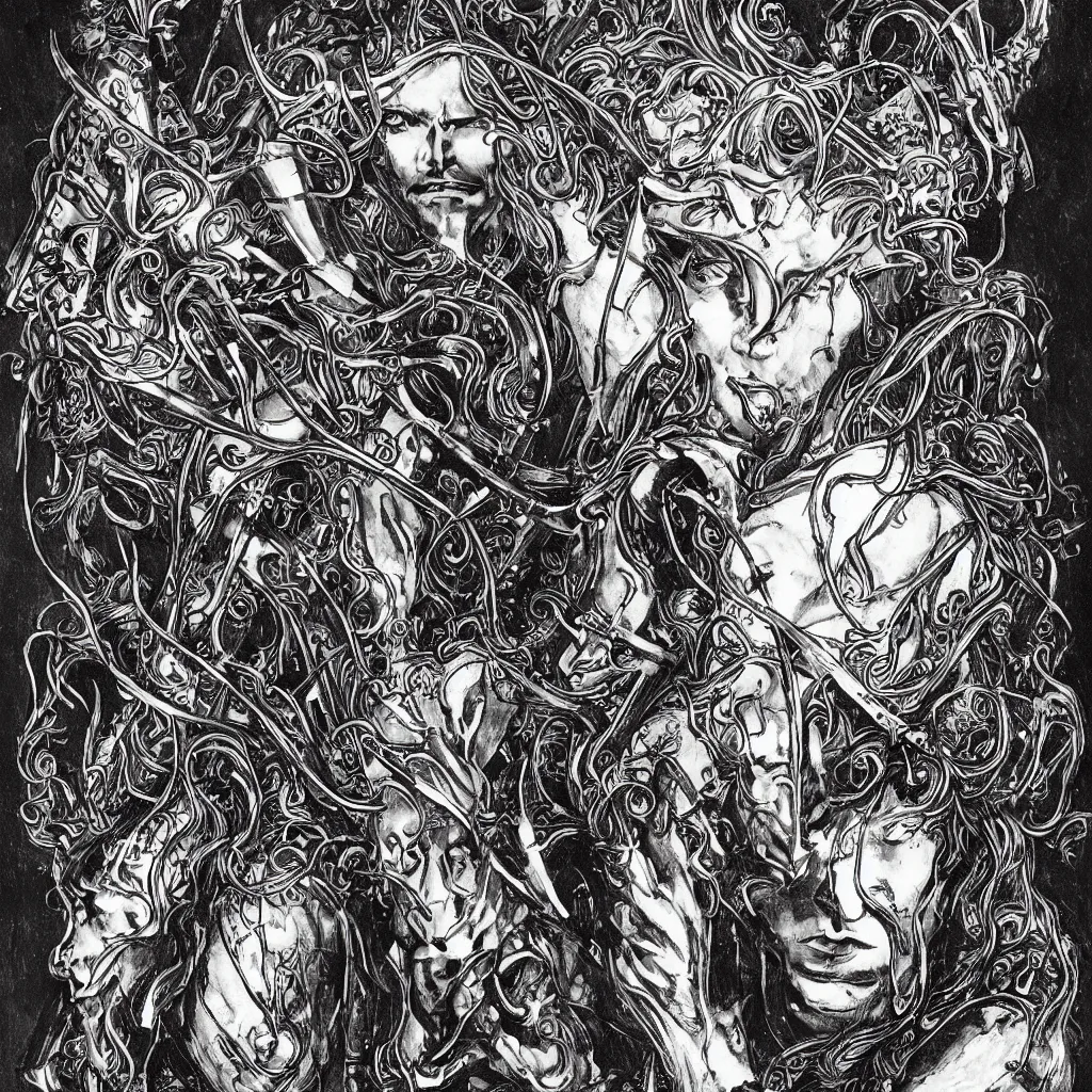 Prompt: A dramatic art nouveau bust portrait of Elric in black shining armor, holding a rune-engraved black broadsword that glows with eldritch power, wearing an intricately detailed chaos star crown, by P. Craig Russell, Michael Kaluta and Jia Ruan, fantasy, crisp lighting and edges, dark ambience, malevolent expression, determination, fear, confidence, accurate symmetrical facial details, aquiline facial features, medieval fantasy designs, white wolf, four color comic book style