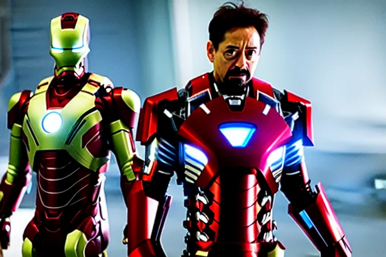 Image similar to film still of zombie Tony Stark in Ironman armor with no headpiece in new avengers movie, 4k