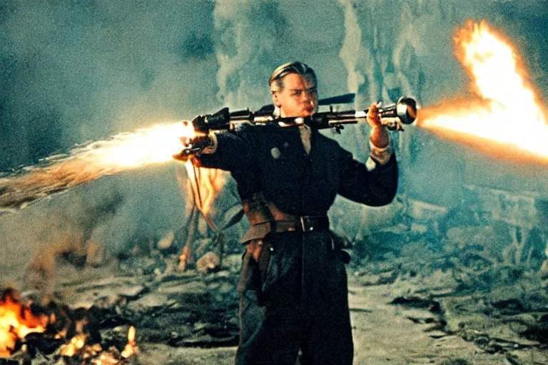 Image similar to leonardo dicaprio using a flamethrower on the nazis, movie still, cinematic, lens flare, directed by quentin tarantino