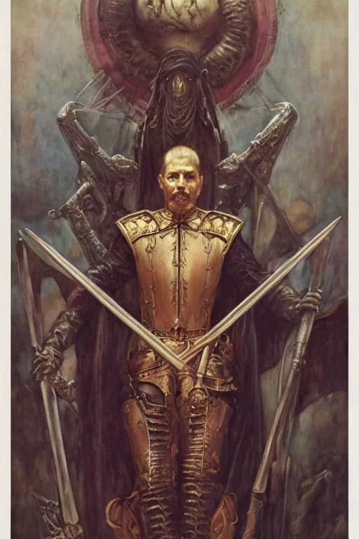 Image similar to a portrait of conquistador by wayne barlowe, gustav moreau, goward,  Gaston Bussiere and roberto ferri, santiago caruso, and austin osman spare, ((((occult art))))