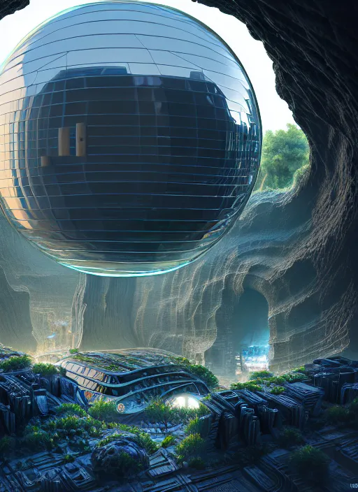 Prompt: hyperrealism, detailed textures, photorealistic 3 d, an massive scale cave with a mini futuristic city, a central perfect large glass sphere, in the style of sahm, ultra realistic, ultra high pixel detail, cinematic, intricate, cinematic light, concept art, illustration, art station, unreal engine 8 k