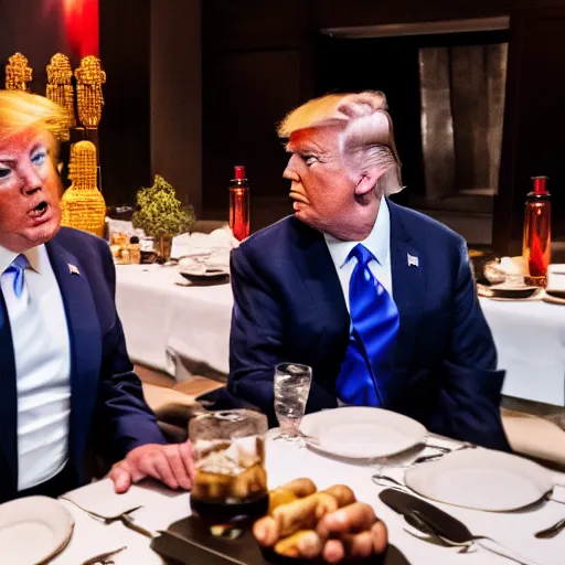 Image similar to Trump and Biden having dinner at a fancy Balinese restaurant, award winning photography, 85mm, perfect faces