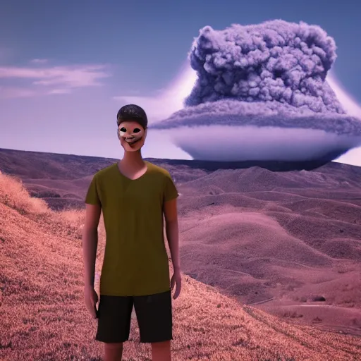 Image similar to a smiling mannequin standing in a hill, nuclear explosion in the background, 3 d render, octane, ray tracing, ultra detailed, photorealistic, ultra high resolution, 8 k,