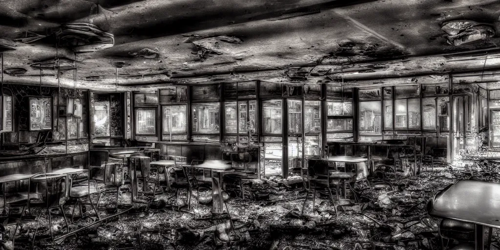 Image similar to a photograph from inside an abandoned diner