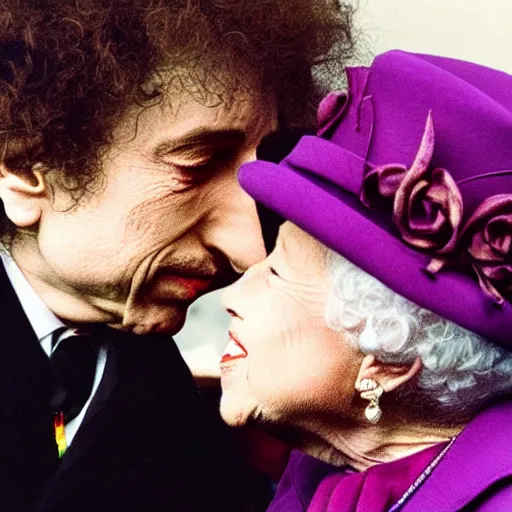 Image similar to bob dylan kissing the queen, clear faces, very high detail