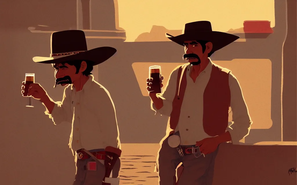 Prompt: juan caloto beer illustration of a mexican man,, with one small, dirt, wild west, with hat, drinking a beer at train station, fantasy, intricate, elegant, highly detailed, digital painting, artstation, concept art by makoto shinkai, ilya kuvshinov, lois van baarle, rossdraws, basquiat,