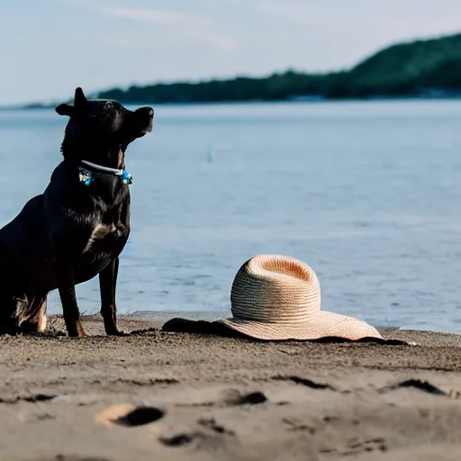 Image similar to Dog with white hat on the beach having a picknick