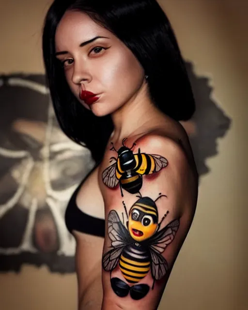 Image similar to a tattoo of bee movie on the face of a woman with crimson - black hair, cute crimson - black bee - themed outfit, cinematic lighting, beautiful composition