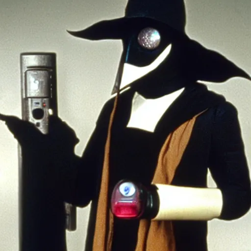 Image similar to plague doctor with tricorder, still from star trek the next generation ( 1 9 8 7 )