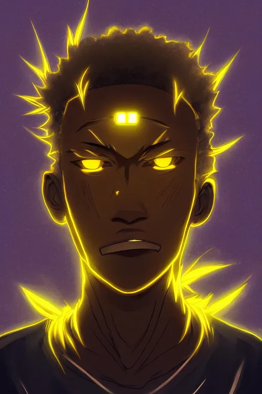 Image similar to glowing black male anime character, golden hair, yellow eyes, symmetrical, highly detailed, digital art, sharp focus, trending on art station, crazy hair, electricity superpowers, anime art style