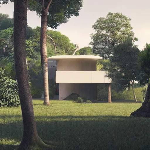 Image similar to futuristic rectangular beige house with courtyard, on a hill surrounded by big trees, dramatic lighting, artstation, matte painting, raphael lacoste, simon stalenhag, frank lloyd wright, zaha hadid, drone view