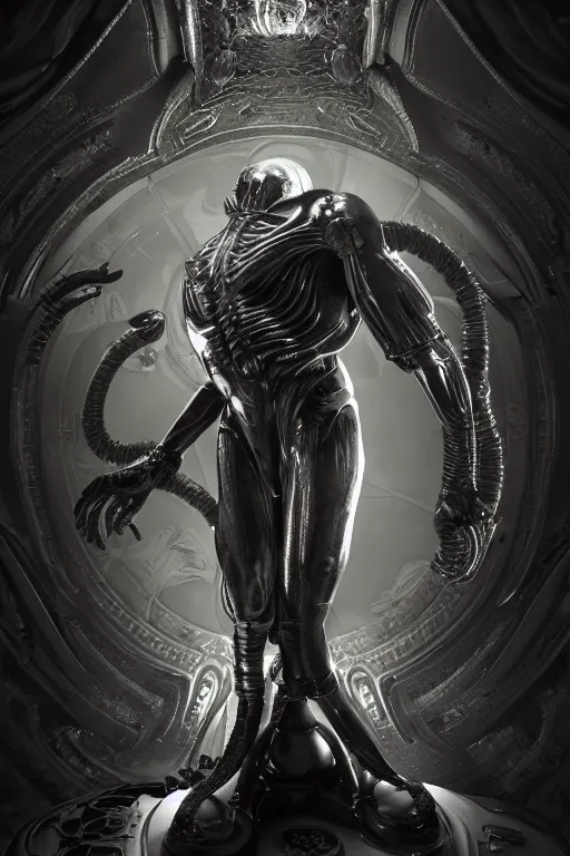 Image similar to engineer prometheus, xenomorph alien, highly detailed, symmetrical long head, smooth marble surfaces, detailed ink illustration, raiden metal gear, cinematic smooth stone, deep aesthetic, concept art, post process, 4k, carved marble texture and silk cloth, latex skin, highly ornate intricate details, prometheus, evil, moody lighting, hr geiger, hayao miyazaki, indsutrial Steampunk