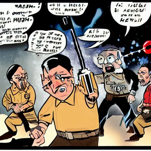 Image similar to comic book of angry jews with lightsabers and adolf hitler accurate eyes high detail