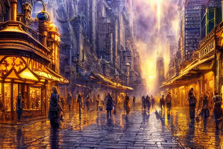 Prompt: the great city of ebora once glittered with gold its streets are stalked by wolves. photo - realistic hd, hyperrealism, colourful, highly detailed, cinematic, luminescence, 3 2 k, dop, high contrast, intricate, mystery, epic, fantasy