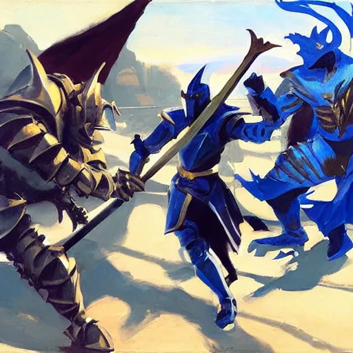 Prompt: dragon fight vs knight in a car, knight in blue armor and wields a gold sword, greg manchess