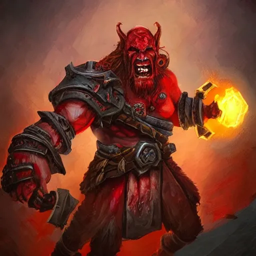 Prompt: red orc warrior, red theme lighting, battlefield background, in hearthstone art style, epic fantasy style art, fantasy epic digital art, epic fantasy card game art