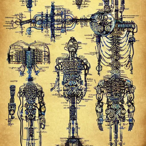 Image similar to schematic blueprint of highly detailed ornate filigreed convoluted ornamented elaborate cybernetic medical equipment, art by da vinci