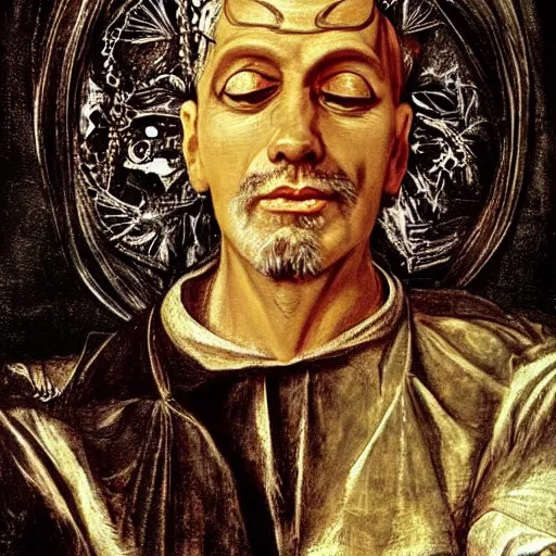 Image similar to george clooney as a lich necromancer, made by caravaggio, peter paul rubens, diego velazquez, rossdraws, jan van eyck, max ernst, ernst haeckel, ernst fuchs