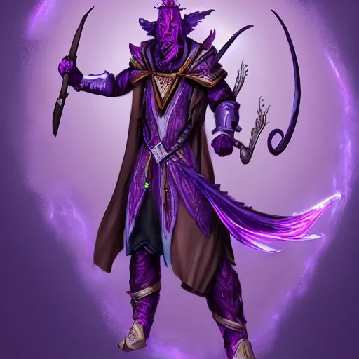 Prompt: excius purple tiefling transmutation wizard, fantasy, d & d, trending on artstation