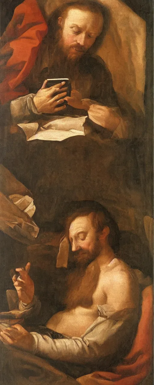 Prompt: Renaissance oil painting of a man in his bed holding a smartphone that illuminates his face - n9