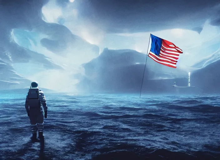 Image similar to astronaut holding a flag in an underwater desert. a submarine is visible in the distance. dark, concept art, cinematic, dramatic, atmospheric, 8 k, trending on artstation, blue, fish, low visibility, fog, ocean floor, christopher nolan, interstellar