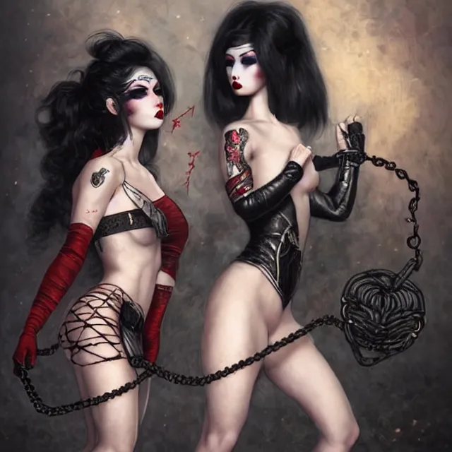 Image similar to two beautiful girls fighting chain slavery cosplay with black hair in fully tattooed body and net clothes fully on, white face makeup, big red lips, black eye makeup, art by wlop and gennady ulybin and stanley lau and artgem and magali villeneuve and karol bak