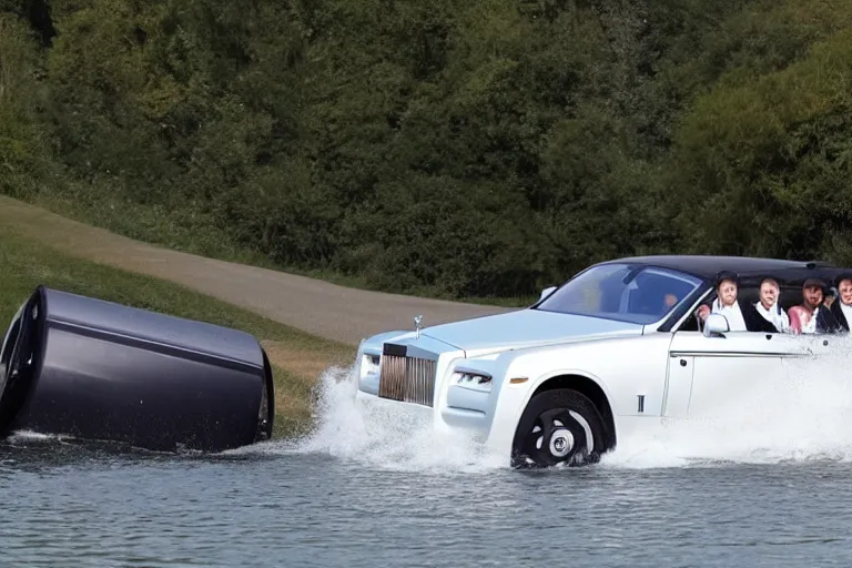 Prompt: Teenagers push Rolls-Royce into lake with their hands from a small slide wanting to drown him