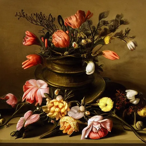 Prompt: disgusting disturbing dutch golden age bizarre floral still life with many human toes sprouting up everywhere by rachel ruysch black background chiaroscuro beautiful dramatic lighting perfect composition high definition 8 k 1 0 8 0 p