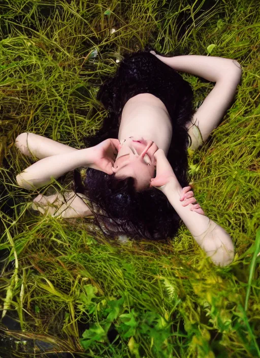 Image similar to lady laying under the river bed amongst the weeds, underwater shot, submerged, medium shot, on the bed of the river preraphaelite colour photography, 8 k