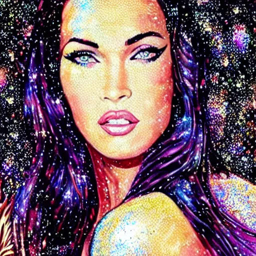 Prompt: “Megan Fox glitter paints paintings, glitter background, ultra detailed portrait, 4k resolution”