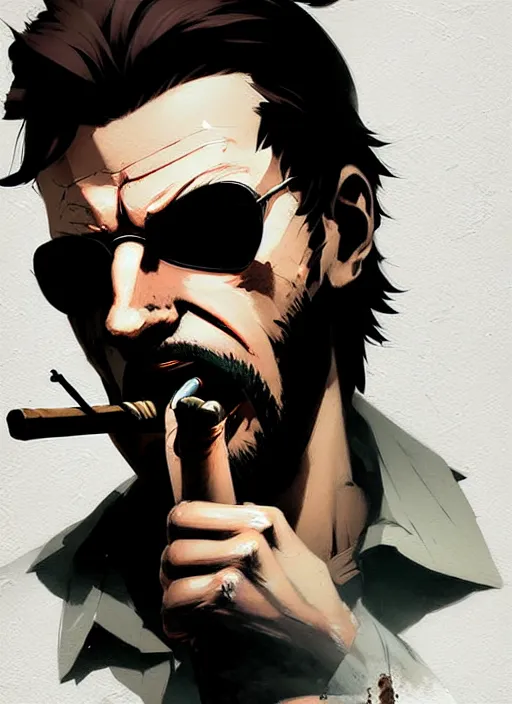 Prompt: highly detailed closeup of a moody solid snake smoking a cigar by atey ghailan, by greg rutkowski, by greg tocchini, by james gilleard, by joe fenton, by kaethe butcher, gradient, blue, black, brown and white color scheme muted tones, grunge aesthetic!!! white graffiti tag wall background
