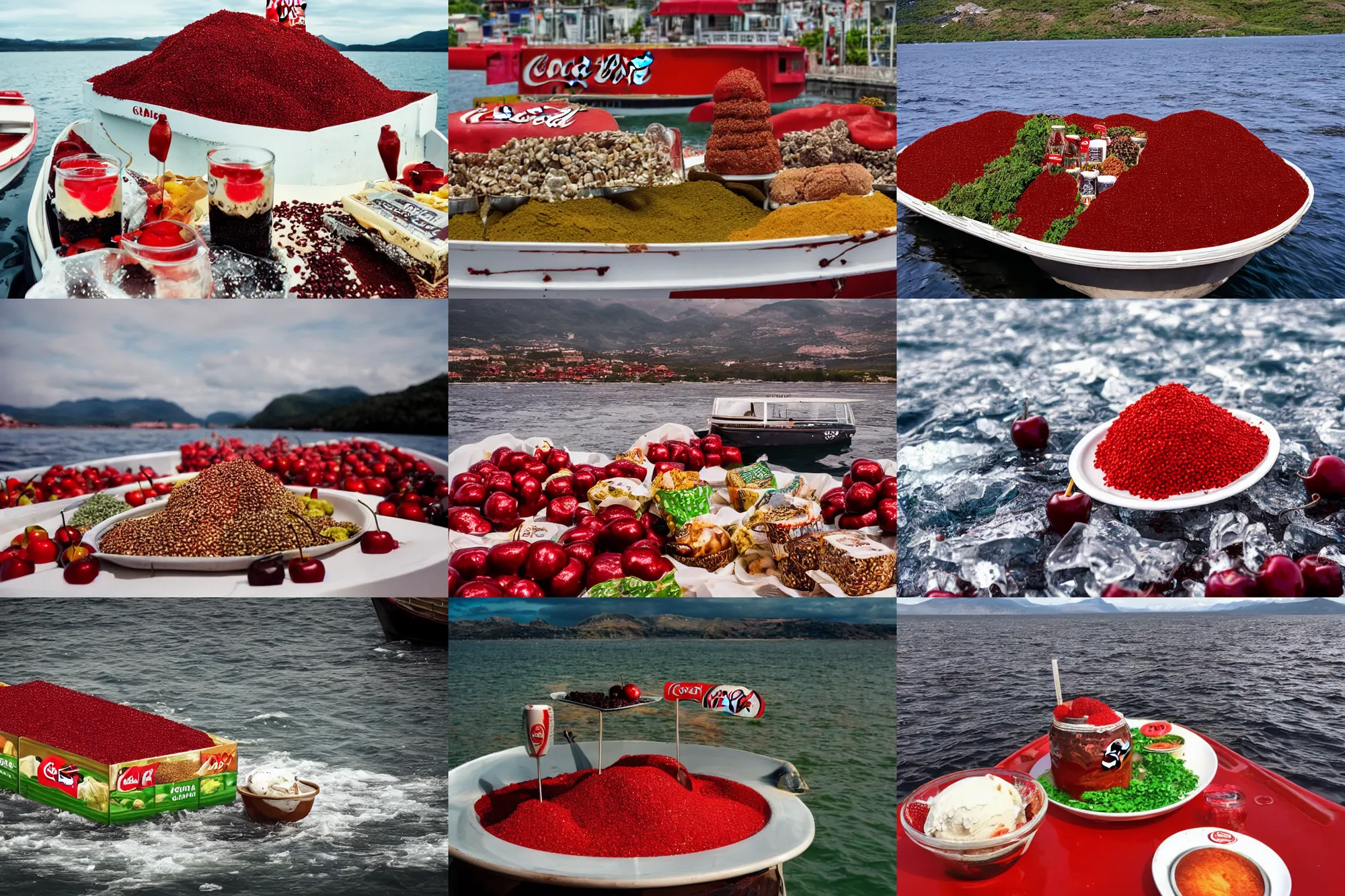 Image similar to an island made of food, around the island instead of water coca - cola ( dark brown ), instead of sand red caviar, instead of mountains ice cream with cherries, photo taken from a boat, 3 5 mm, cinematic