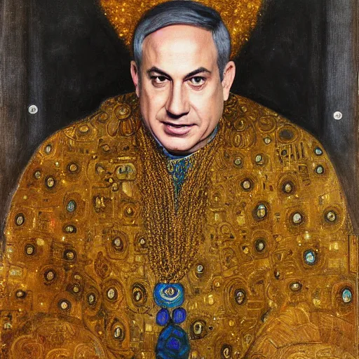 Image similar to a portrait of benjamin netanyahu wearing golden ornate robe, earings, necklace, jewels, by gustave klimt