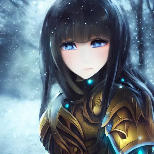 Prompt: focus face portrait of beautiful darkness knight 3D anime girl, Armor wearing, dark forest background, snowing, bokeh, inspired by Masami Kurumada, digital painting, high contrast, unreal engine render, volumetric lighting, high détail