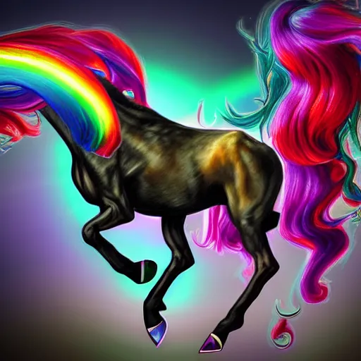 Prompt: necro pony on a rainbow of sinners, hyperrealism, detailed and intricate environment