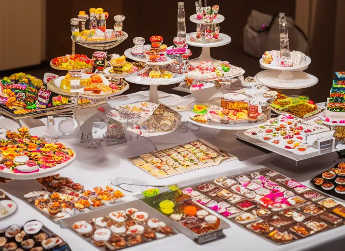 Prompt: a table with a white map full of sweets and bite sized deserts. highly detailed 8 k. intricate. nikon d 8 5 0 3 0 0 mm. award winning photography.