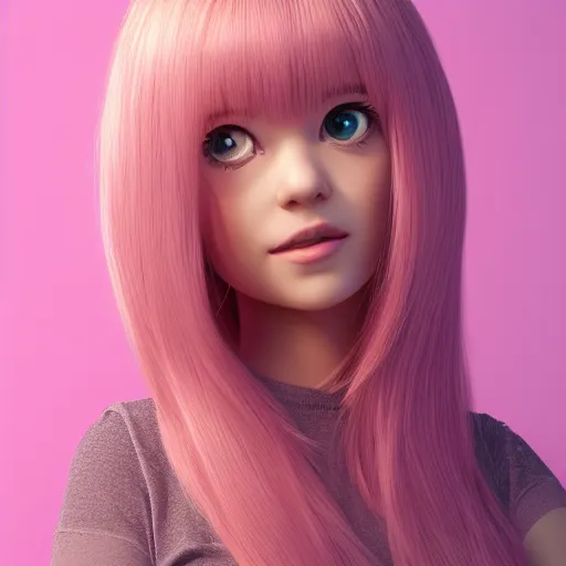 Image similar to A portrait of Nikki from Shining Nikki and Love, a cute 3d cgi toon young woman with long light pink hair, full bangs, hazel eyes, full face, light makeup, pale skin, Chinese heritage, cute outfit, medium shot, mid-shot, hyperdetailed, 8k, trending on artstation, as a Pixar character