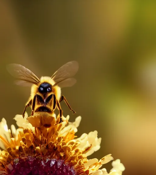 Prompt: super macro photo of a golden bee on a flower in a forest. dof. bokeh. magical atmosphere. art by greg rutkowski. lifelike. very detailed 8 k. intricate. soft light. nikon d 8 5 0.